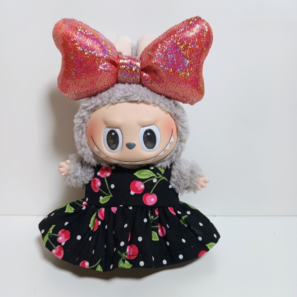 Custom Polka Dots and Cherry Print Dress and Sparkle Bow Made to Fit Labubu